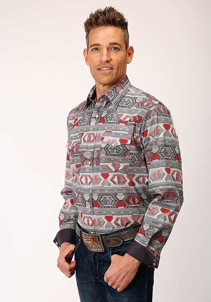 Roper Mens Red/Grey Aztec Snap Shirt