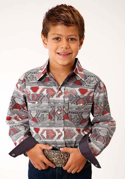 Roper Young Boys Red Print Pearl Snap