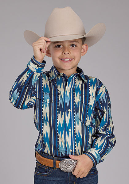 Roper Boys Blue Aztec Shirt Vintage