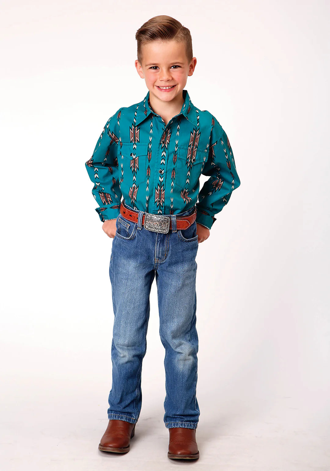 Boys Snap Vertical Design Teal Aztec