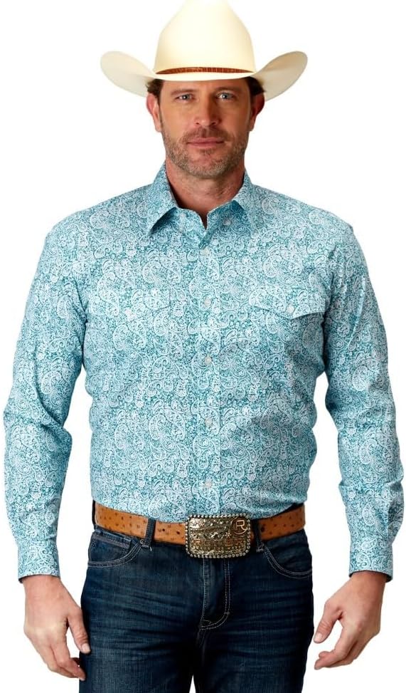 Mens L/S Teal Paisley Roper Stretch Allover Print