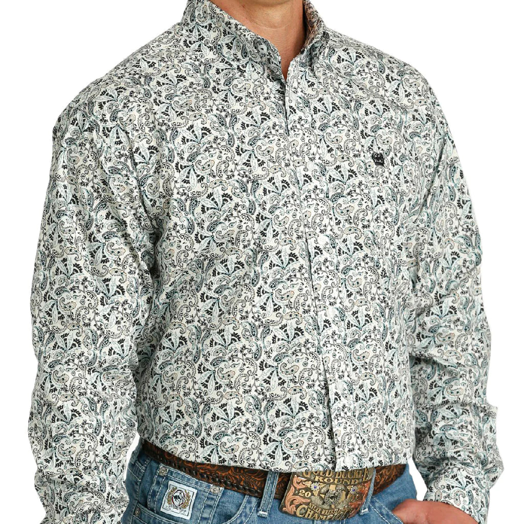Cinch Mens White Paisley Button Down