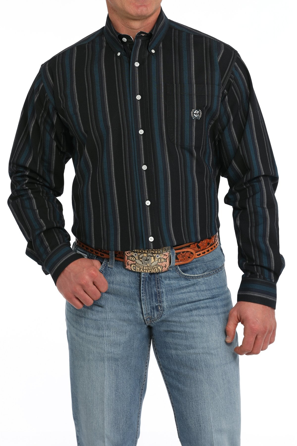 Cinch Mens Black Striped Button Down
