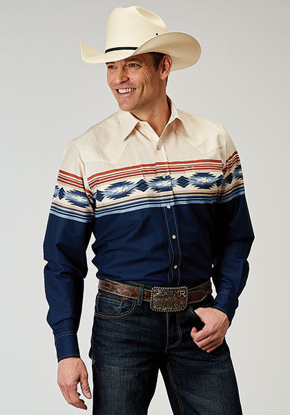 Mens Aztec Border Print L/S Snap Shirt