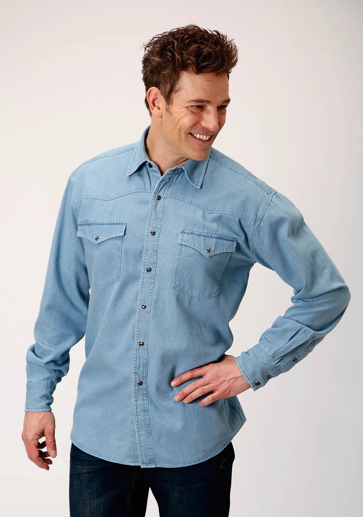 MENS L/S SNAP LIGHT BLUE DENIM SHIRT