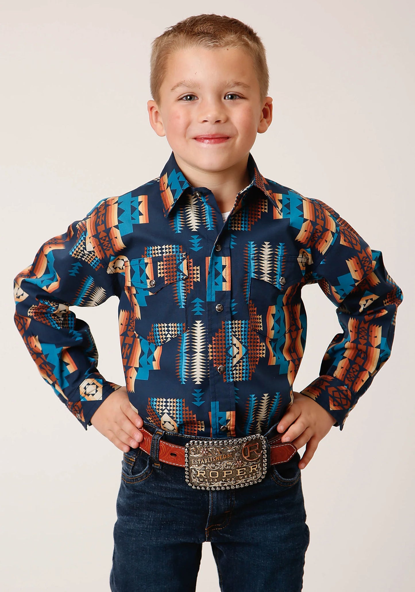 BOYS LS SNAP NAVY AZTEC STRIPE
