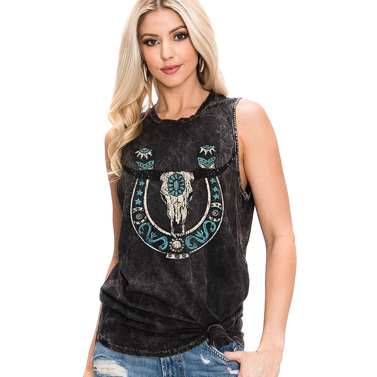 BOHO COW SKULL WESTERN GRAPHIC TANK TOP