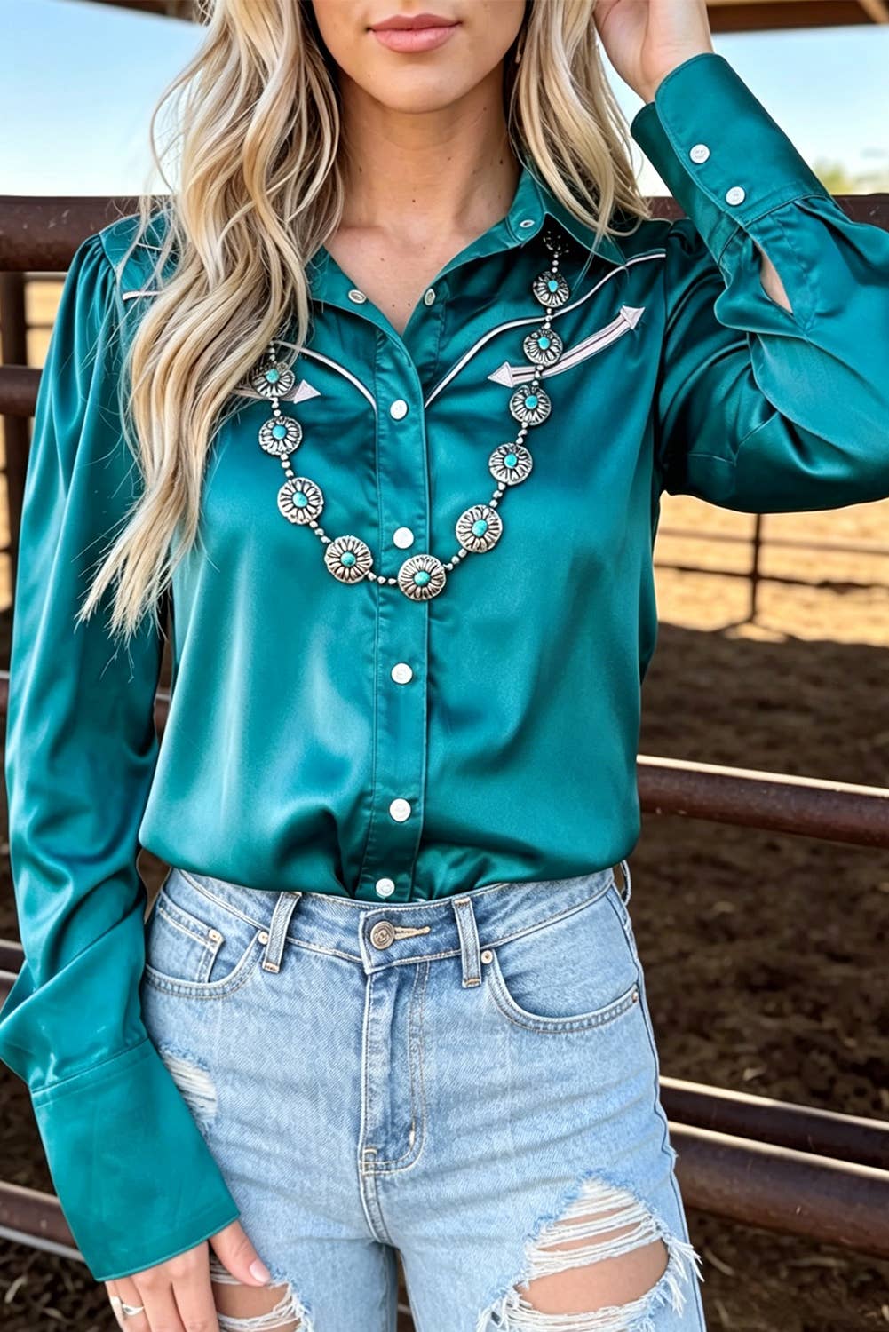 Western Pearl Snap Button Up Collar Long Sleeve Solid Shirt