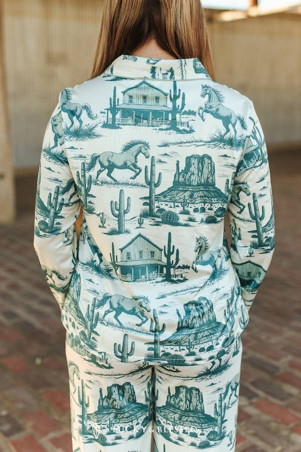 Cream Jade Western Printed Button Down Pants Set