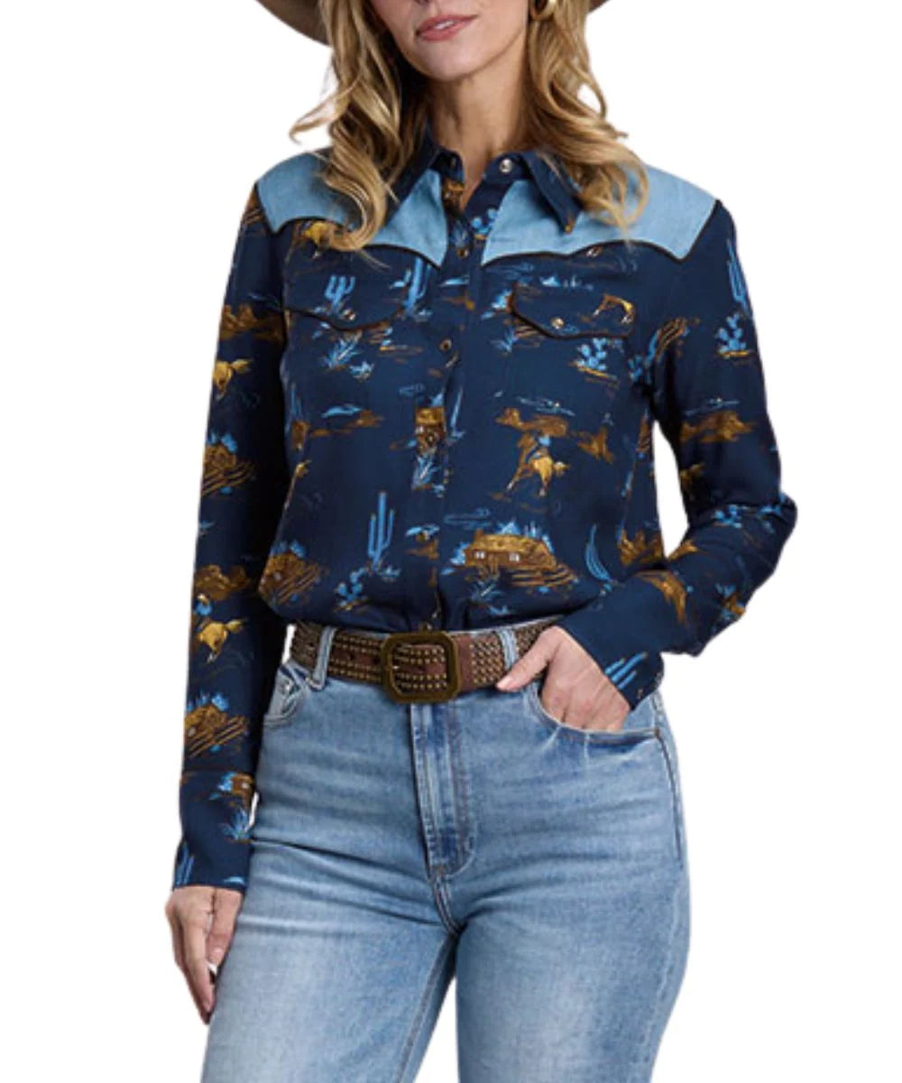 WOMENS BLUE RANCH LIFE BUTTON FRONT