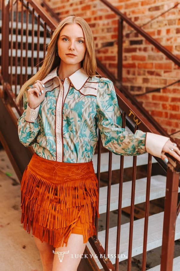 Cream Teal Western Aztec Puff Sleeve Button Down Shirt