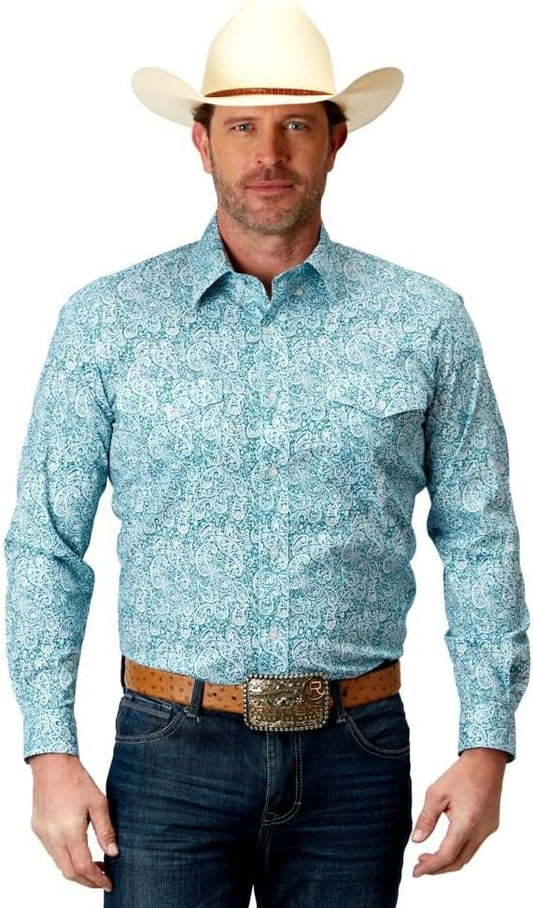 Mens L/S Teal Paisley Roper Stretch Allover Print