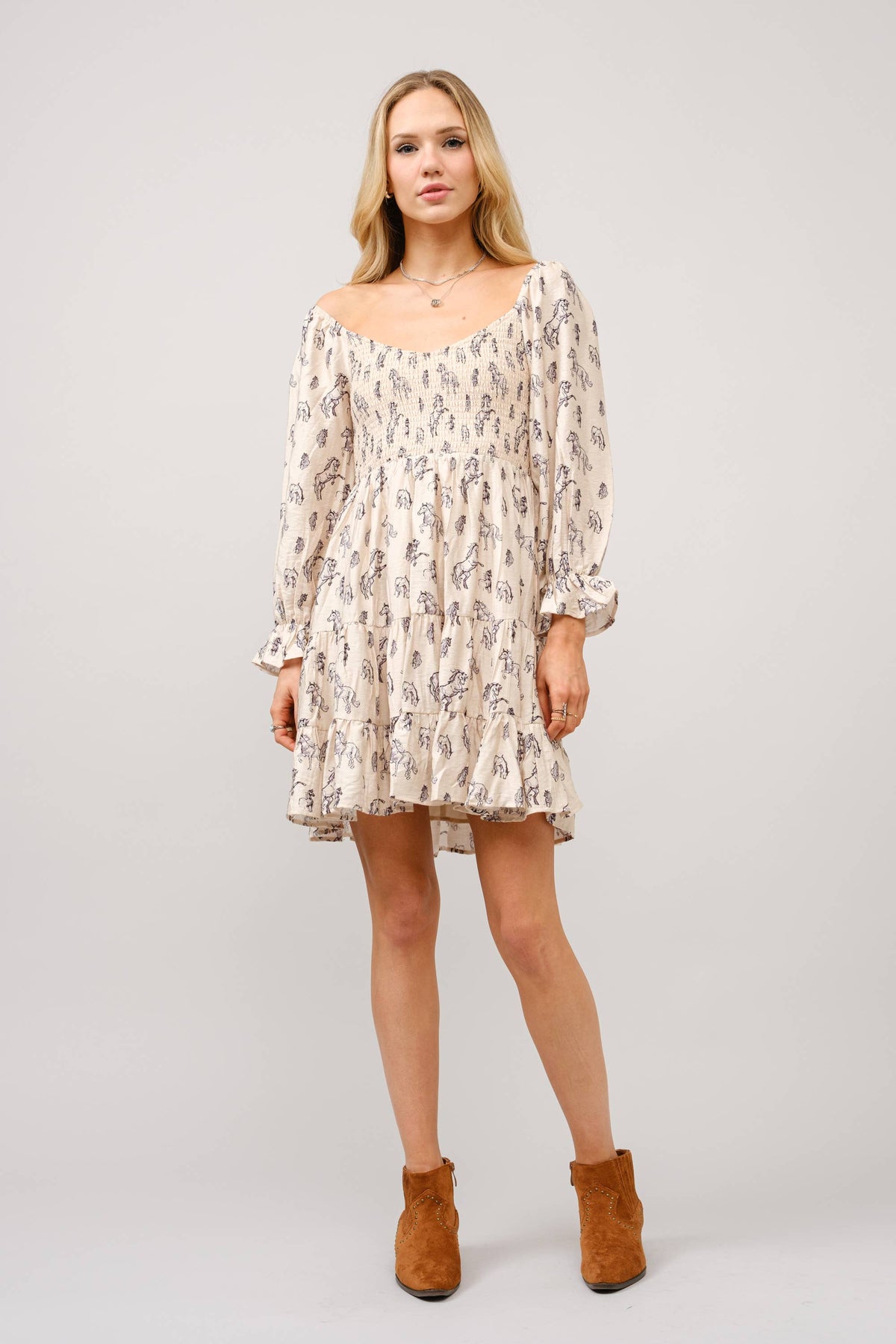 Horse Print Puff Sleeve Tiered Mini Dress