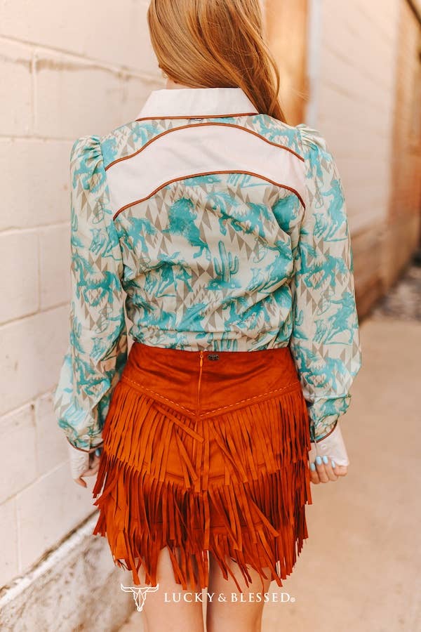 Cream Teal Western Aztec Puff Sleeve Button Down Shirt