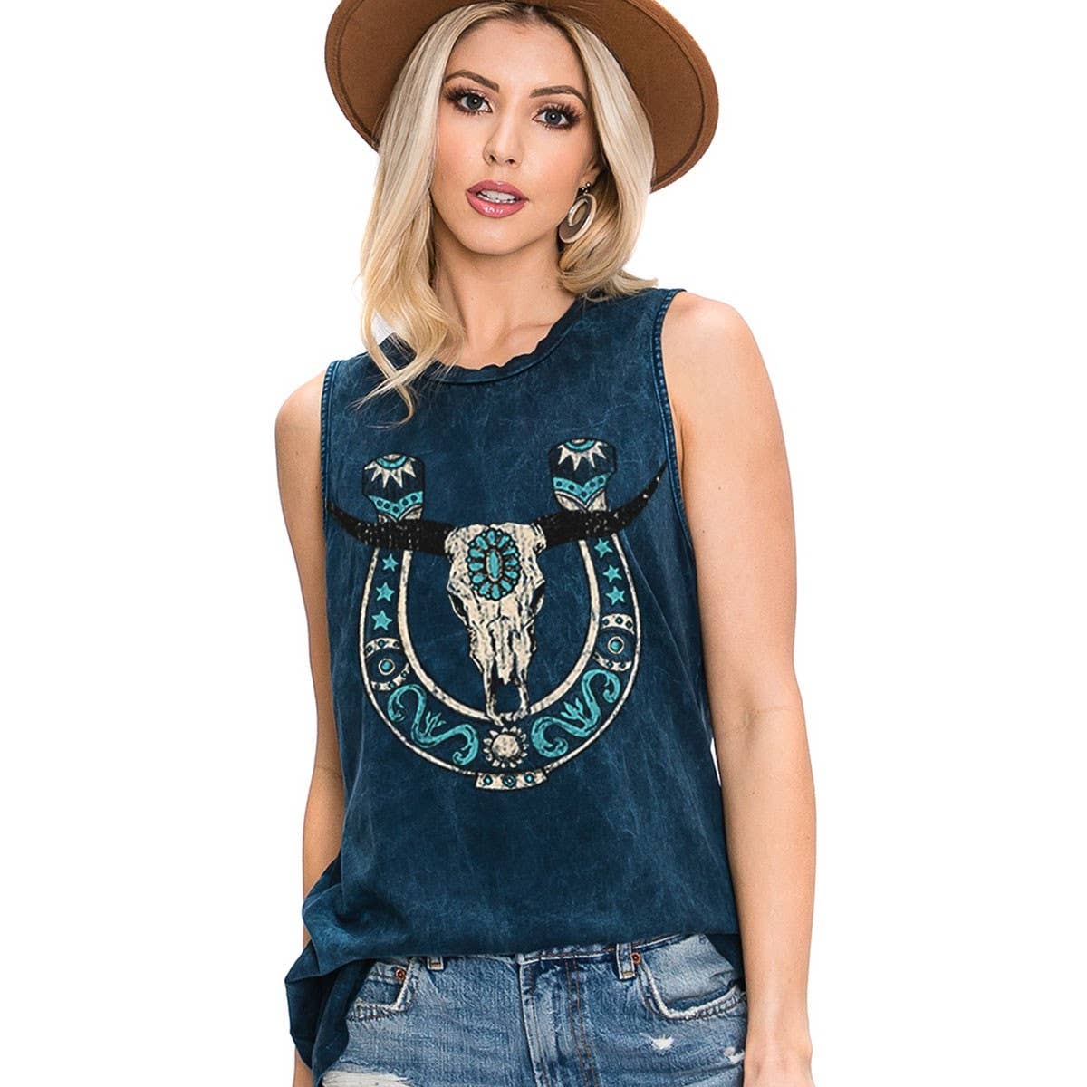 BOHO COW SKULL WESTERN GRAPHIC TANK TOP