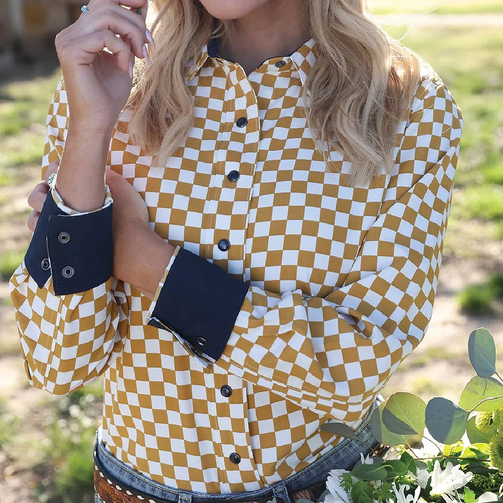 Cruel Ladies Gold Checkered Snap Western Shirt