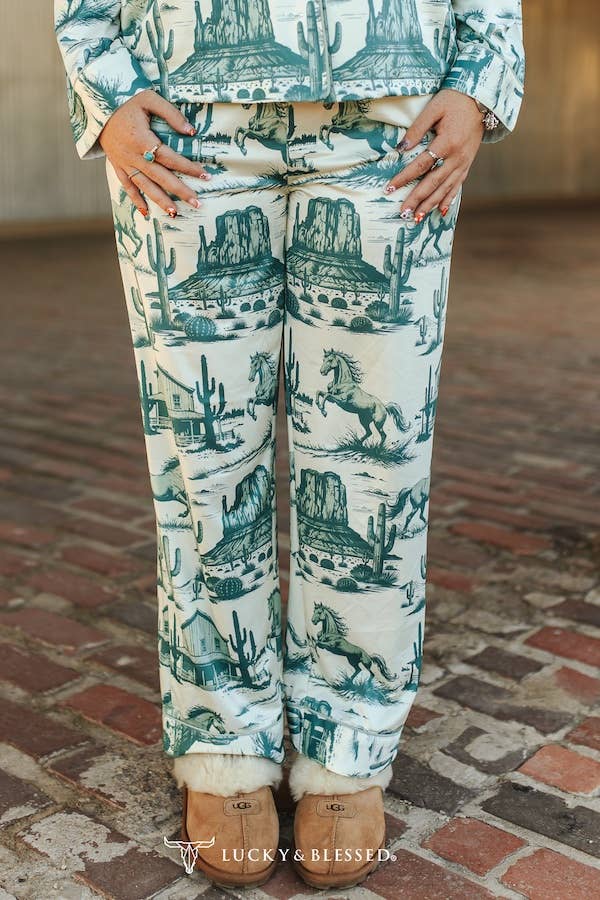 Cream Jade Western Printed Button Down Pants Set