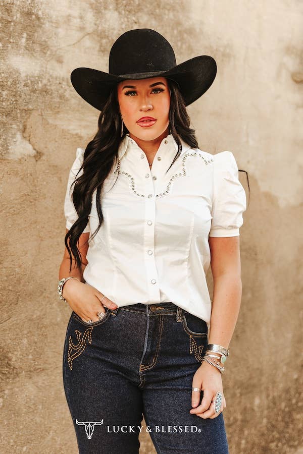 Ivory Puff Short Sleeve Studded Button Down Shirt