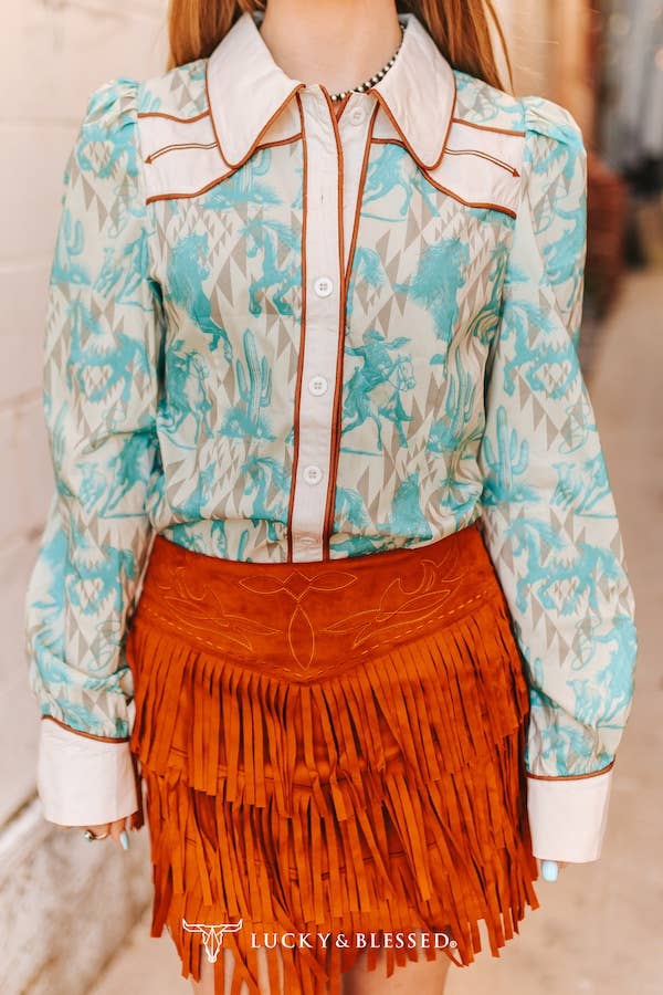 Cream Teal Western Aztec Puff Sleeve Button Down Shirt