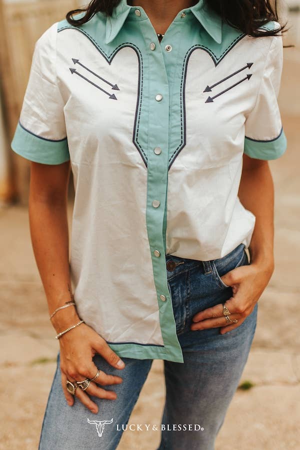 White W Blue design Cowgirl Pearl Snap Button Up Shirt