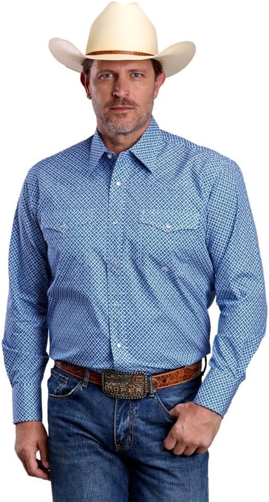 ROPER Western Shirt Mens L/S Print Snap Blue