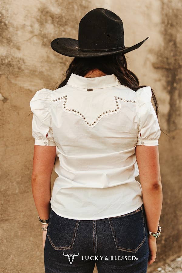 Ivory Puff Short Sleeve Studded Button Down Shirt