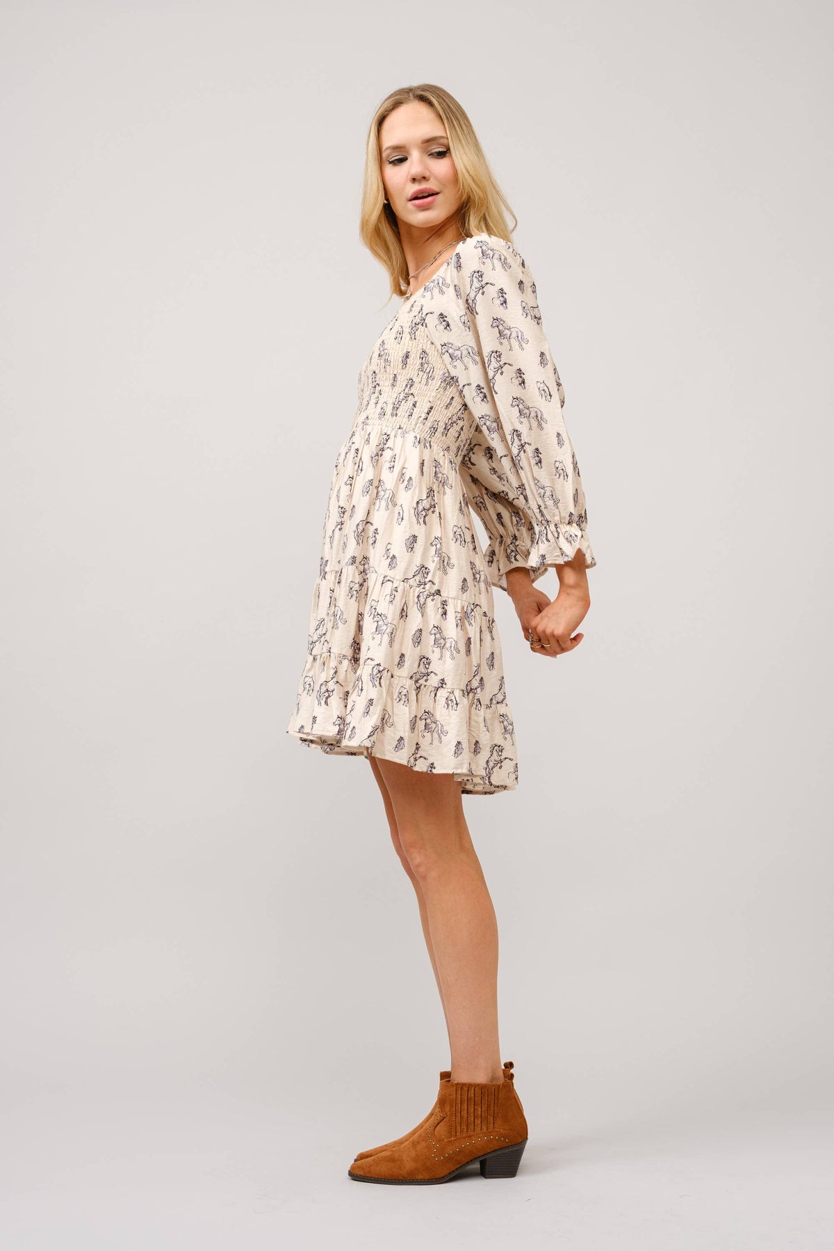 Horse Print Puff Sleeve Tiered Mini Dress