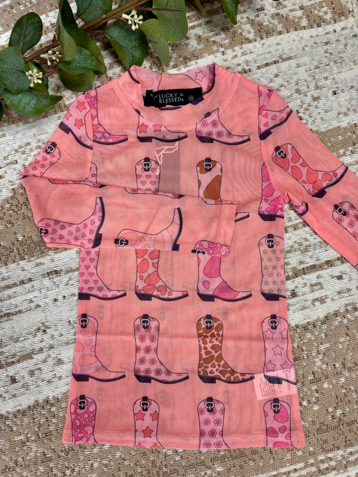 Girls Boot Print Pink Mesh Top