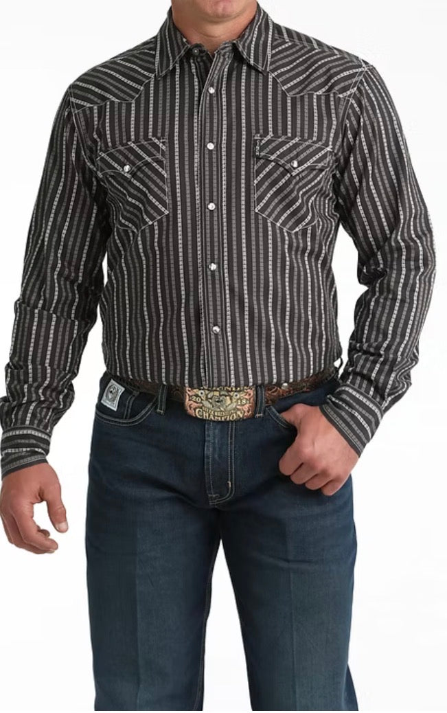 Cinch Men's Brown Geo Print Stripe Print Modern Fit Pearl Snap