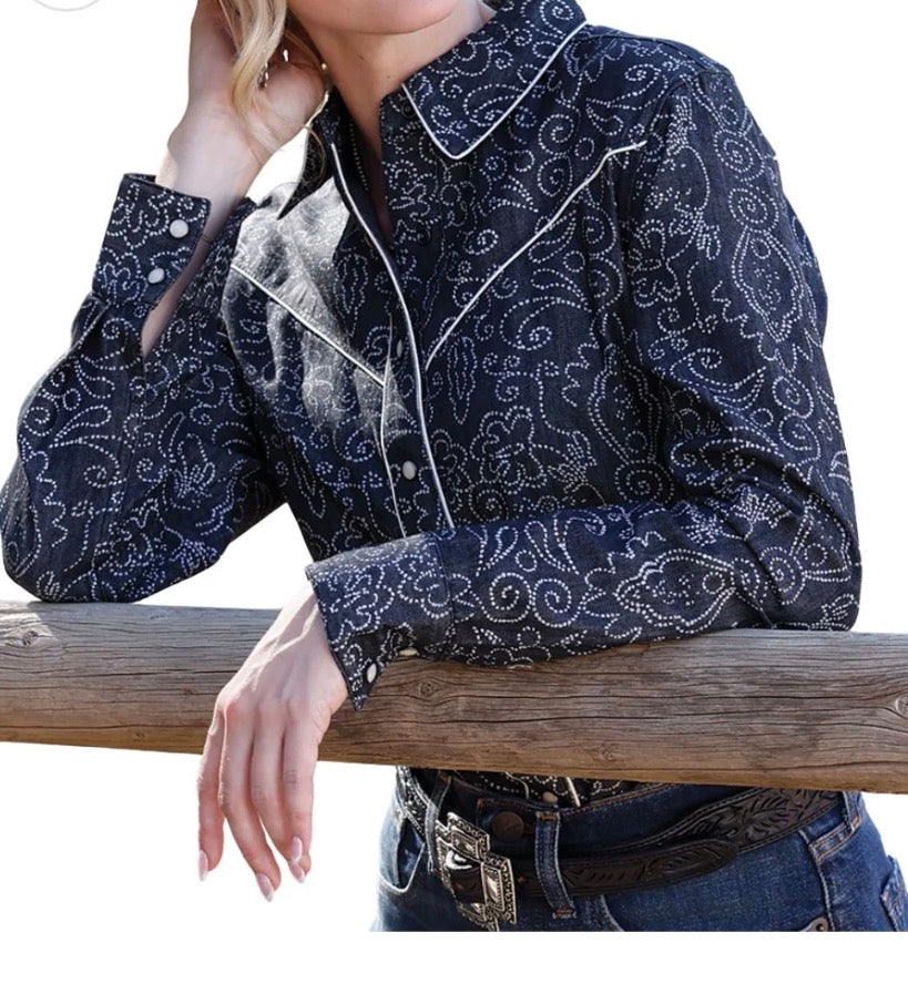 Women's Black Chambray Pearl Snap