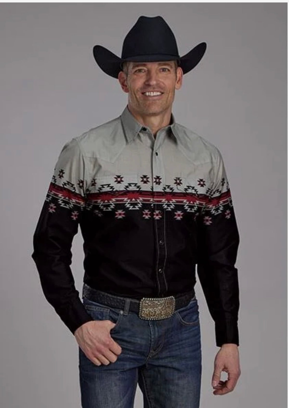 Roper Black/Grey Men's Collared Aztec Longsleeve Snap