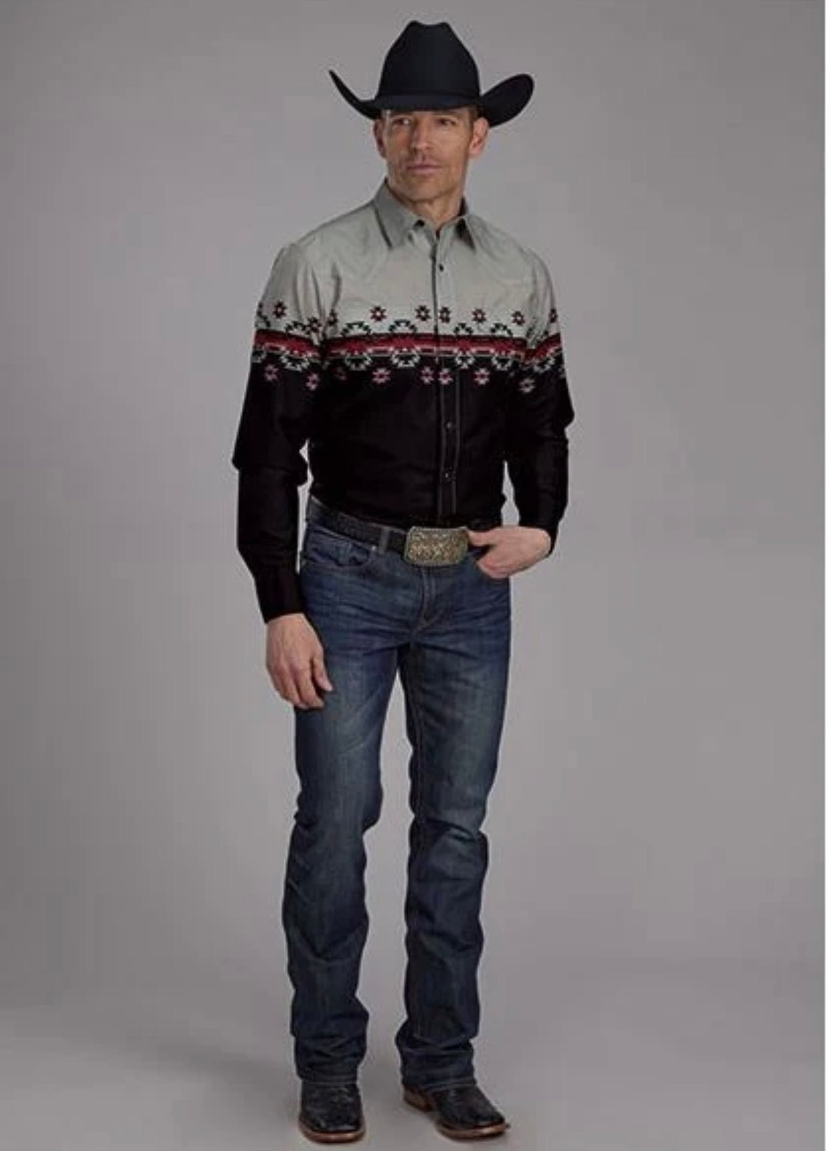 Roper Black/Grey Men's Collared Aztec Longsleeve Snap