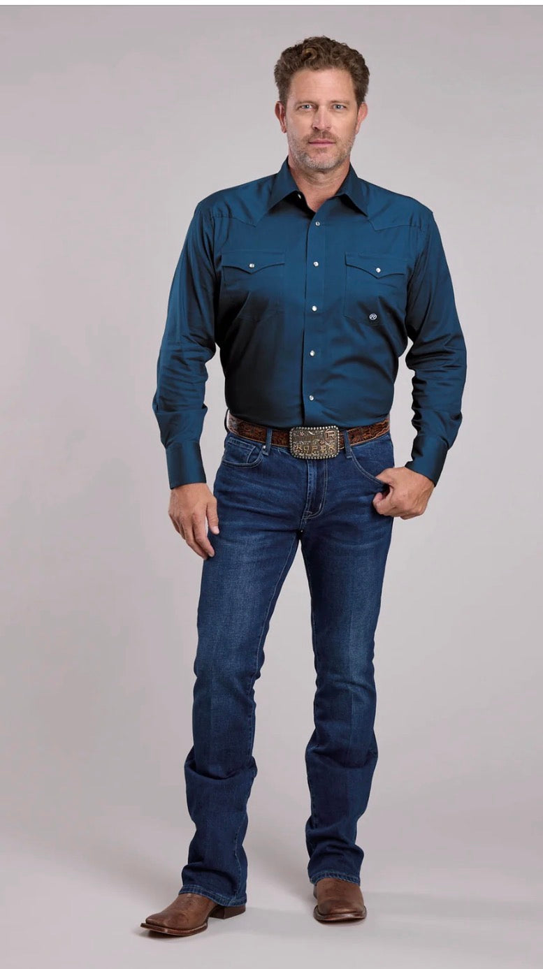 Mens Roper Solid Stretch Navy Long Sleeve Snap Shirt