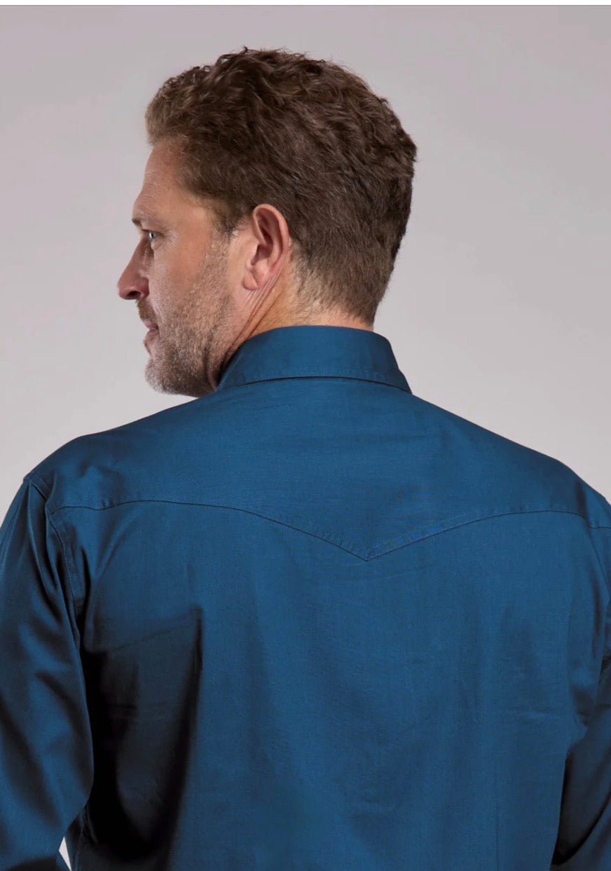 Mens Roper Solid Stretch Navy Long Sleeve Snap Shirt