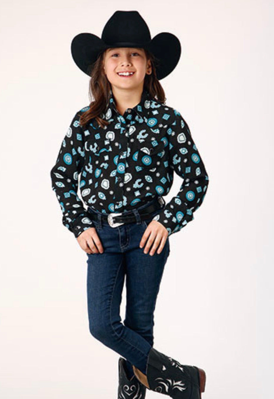 Girls Long Sleeve Snap Jewel Print Rayon Western Blouse