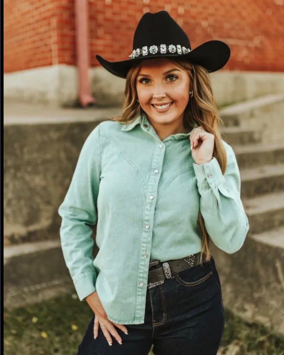 Mint Mineral Wash Button Down Shirt