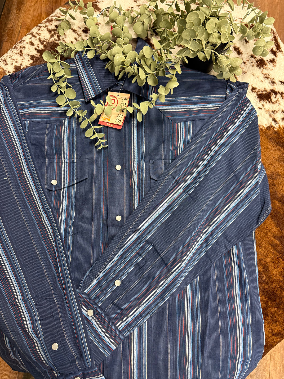 Mens L/S Snap Navy Stripe