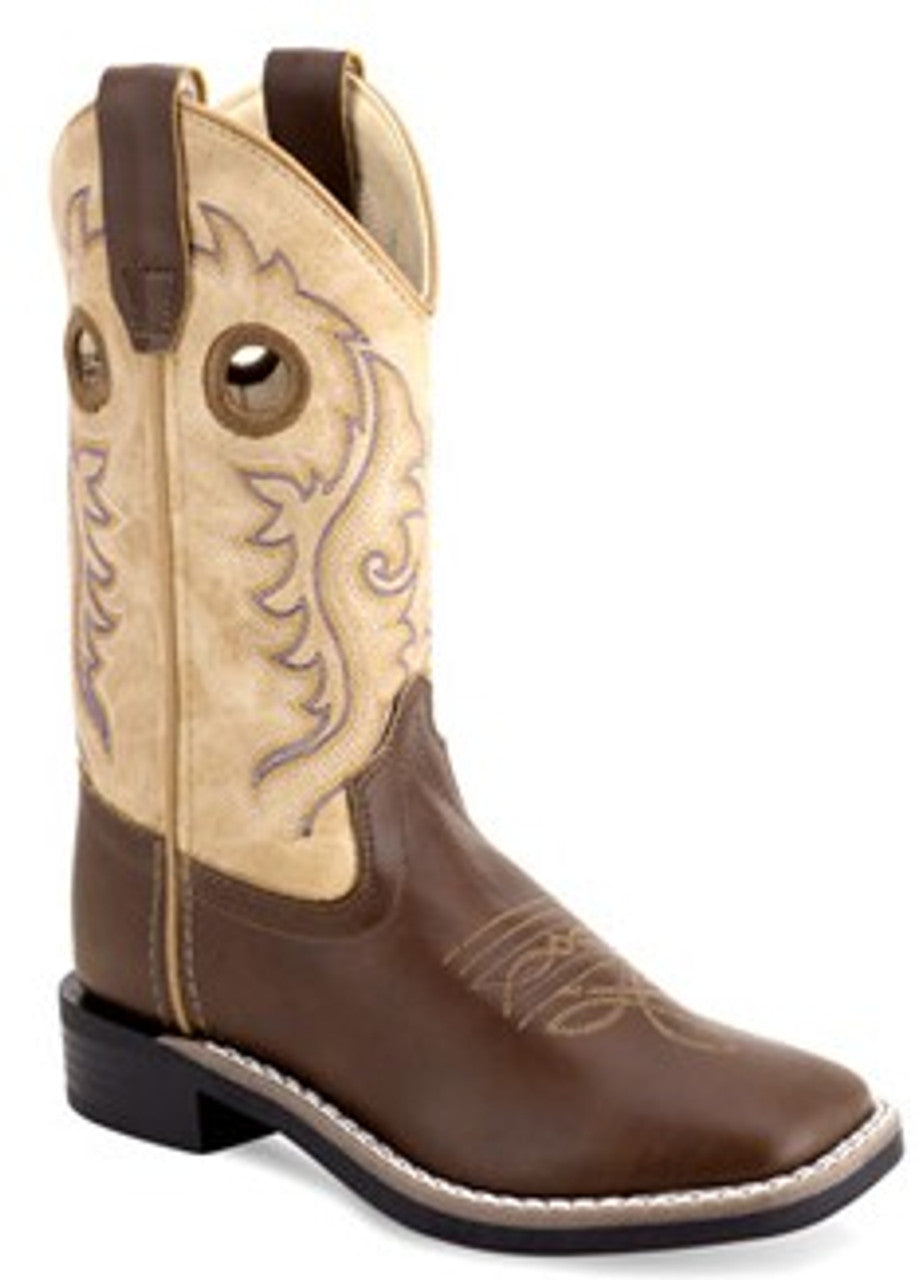 Old West Boys Youth Brown & Cream Double Stitch Boots
