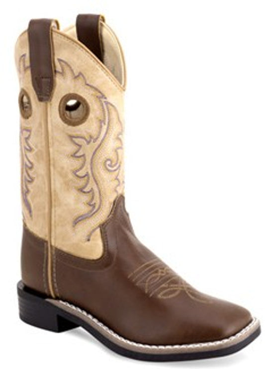 Old West Boys Youth Brown & Cream Double Stitch Boots