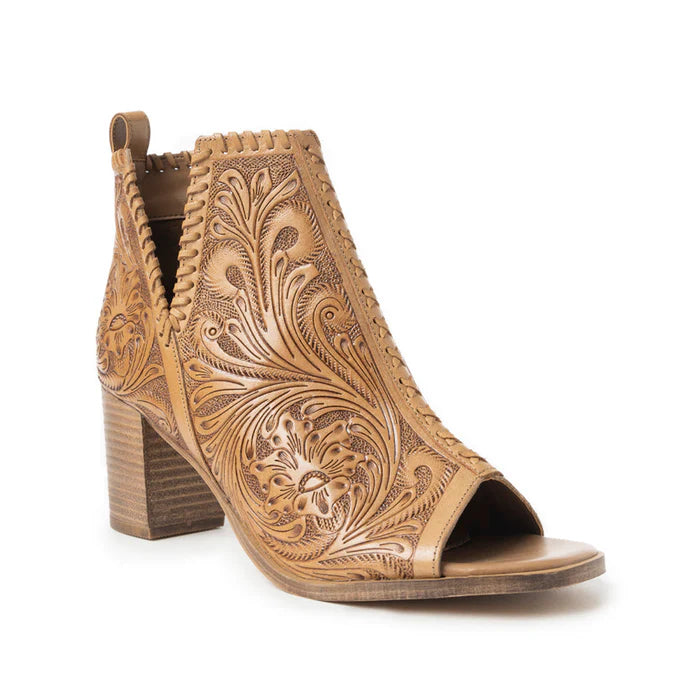 MYRA PERSIMMONEE EMBOSSED LEATHER HEELS OPEN TOE, MID BLOCK HEEL