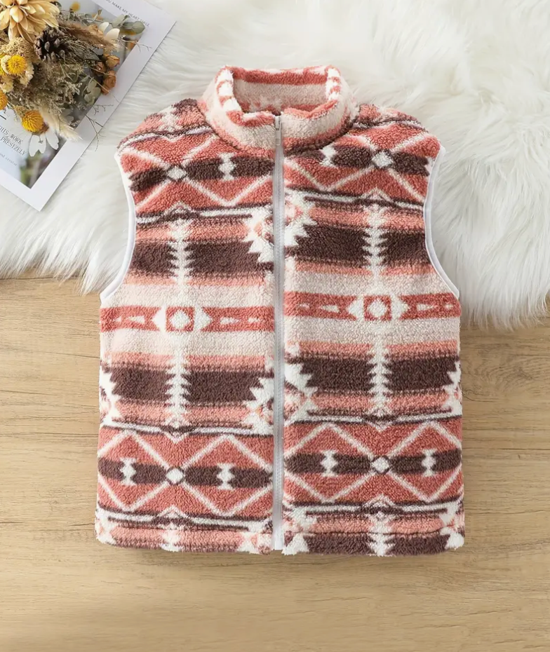 Girls Aztec Fleece Vest Pink