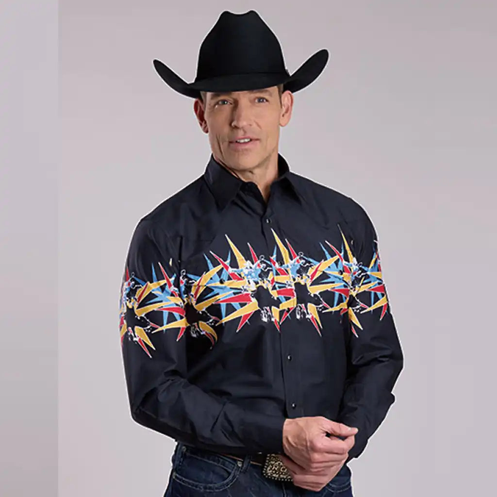 Mens L/S Snap Scene Star Bull Border
