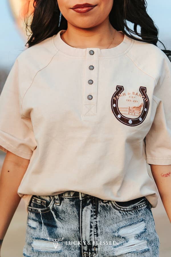  Beige Mineral Wash Horse Shoe Printed Short Sleeve Top