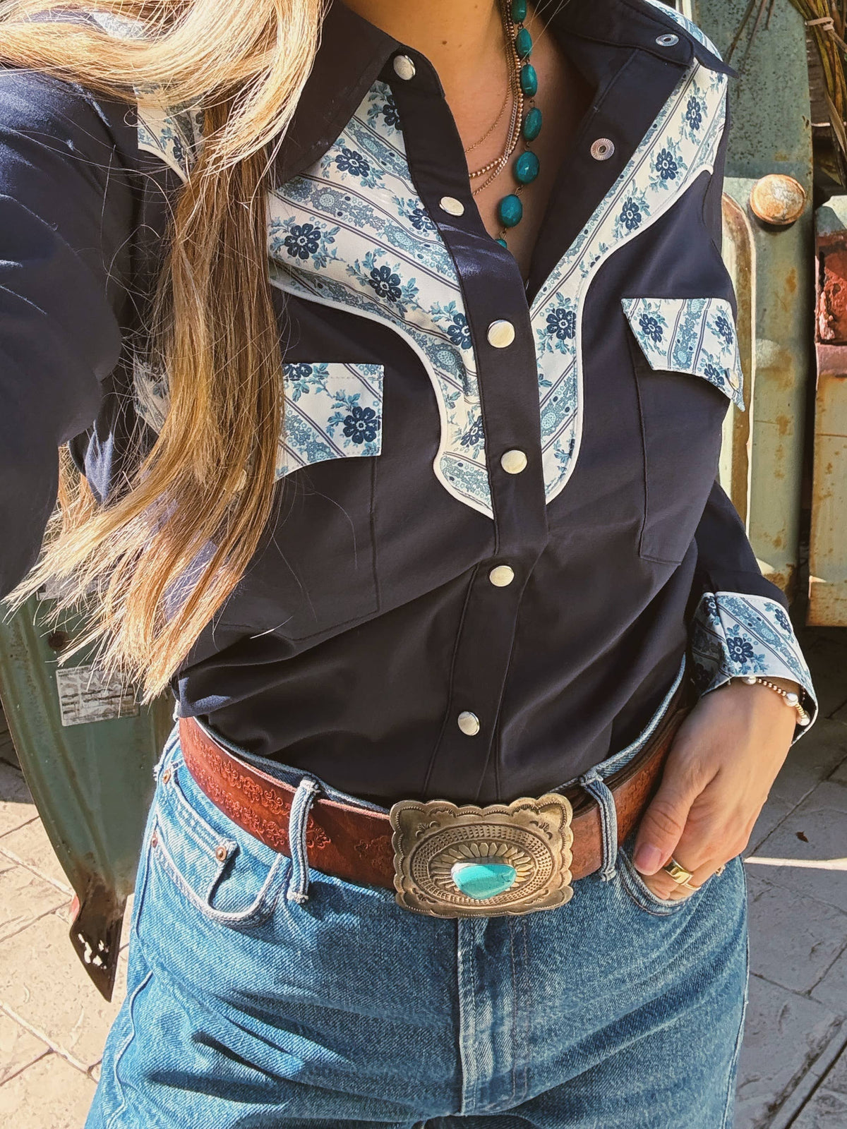 John Wayne Western Pearl Snap Button Up Top In Denim Blue