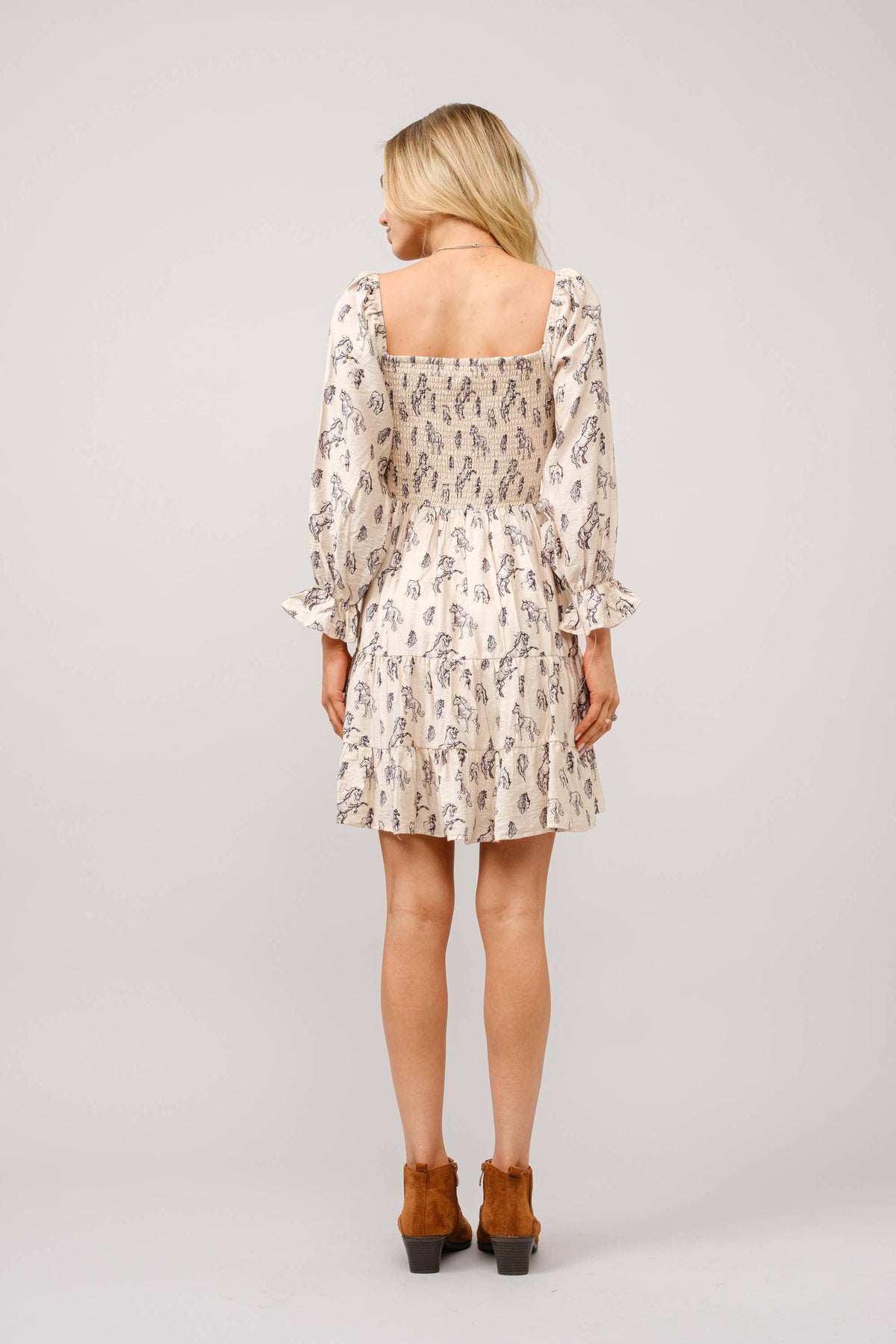 Horse Print Puff Sleeve Tiered Mini Dress