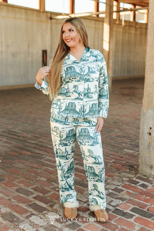Cream Jade Western Printed Button Down Pants Set