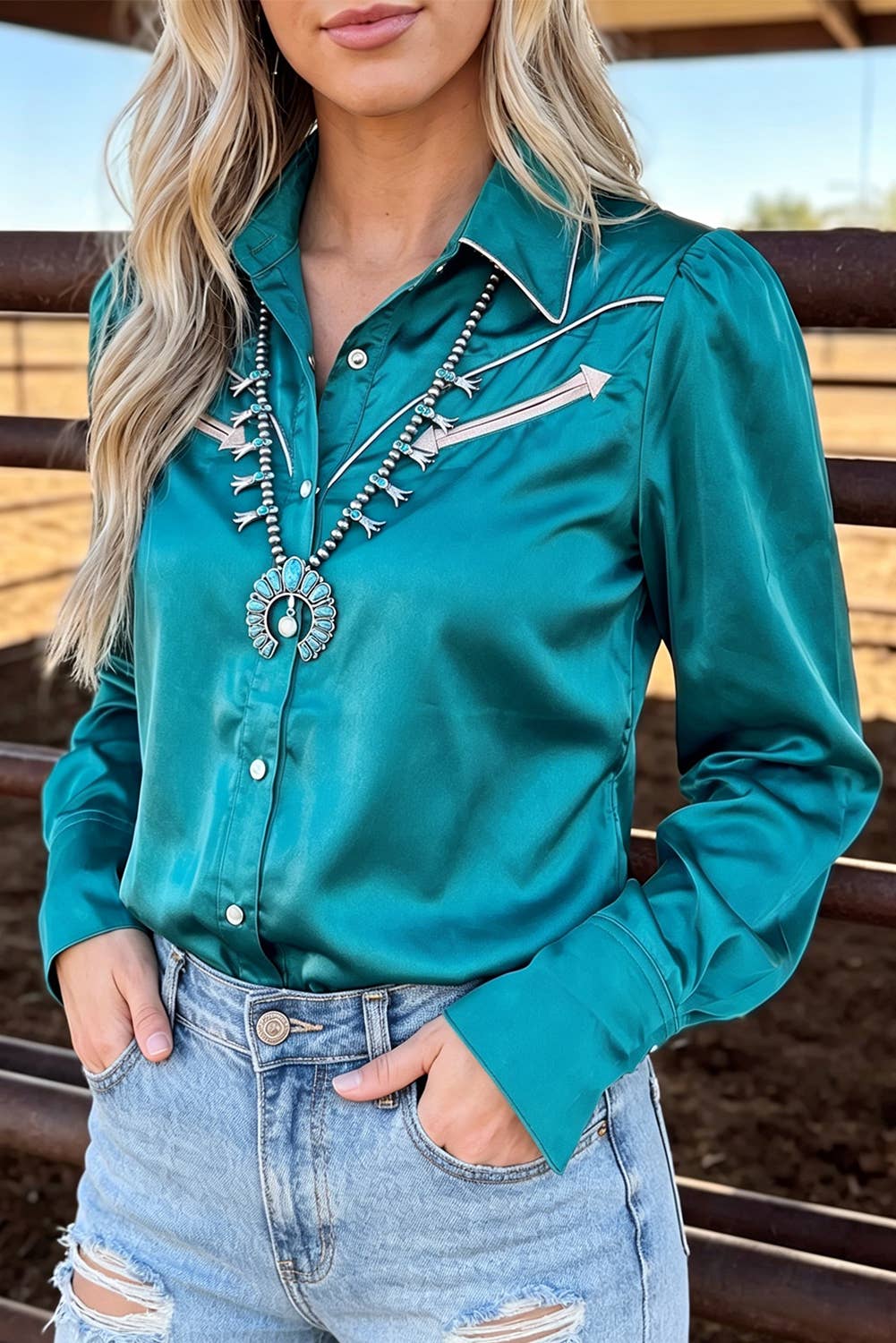 Western Pearl Snap Button Up Collar Long Sleeve Solid Shirt