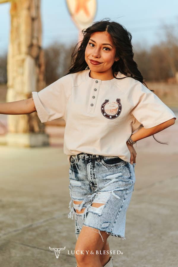  Beige Mineral Wash Horse Shoe Printed Short Sleeve Top