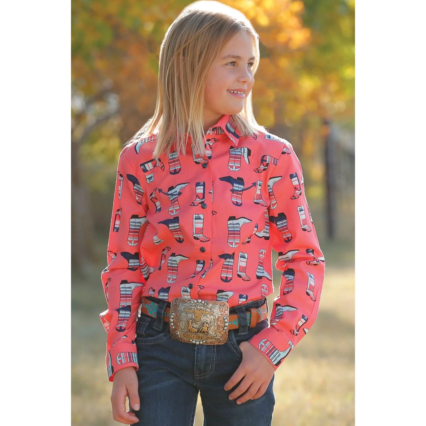 Cruel Girls Plain Weave Snap Shirt Boots Print