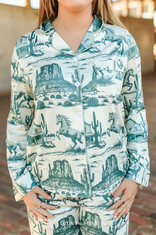 Cream Jade Western Printed Button Down Pants Set